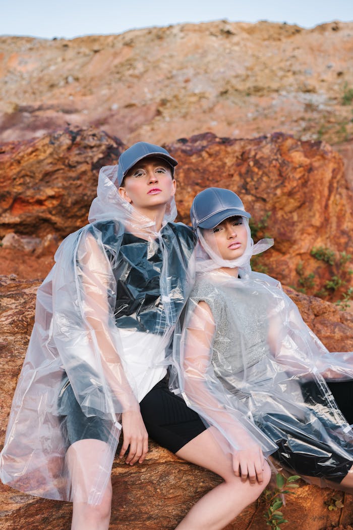 Stylish women in translucent raincoats posing against rocky terrain.